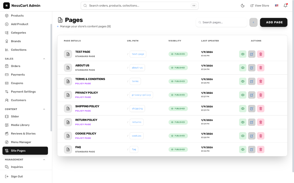 Pages List Admin